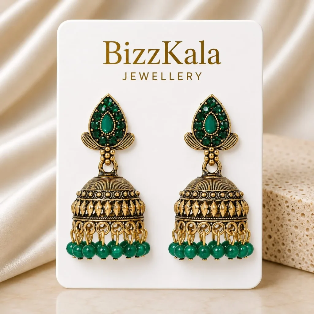 Gold-Tone Green Stone Beaded Jhumka for Women