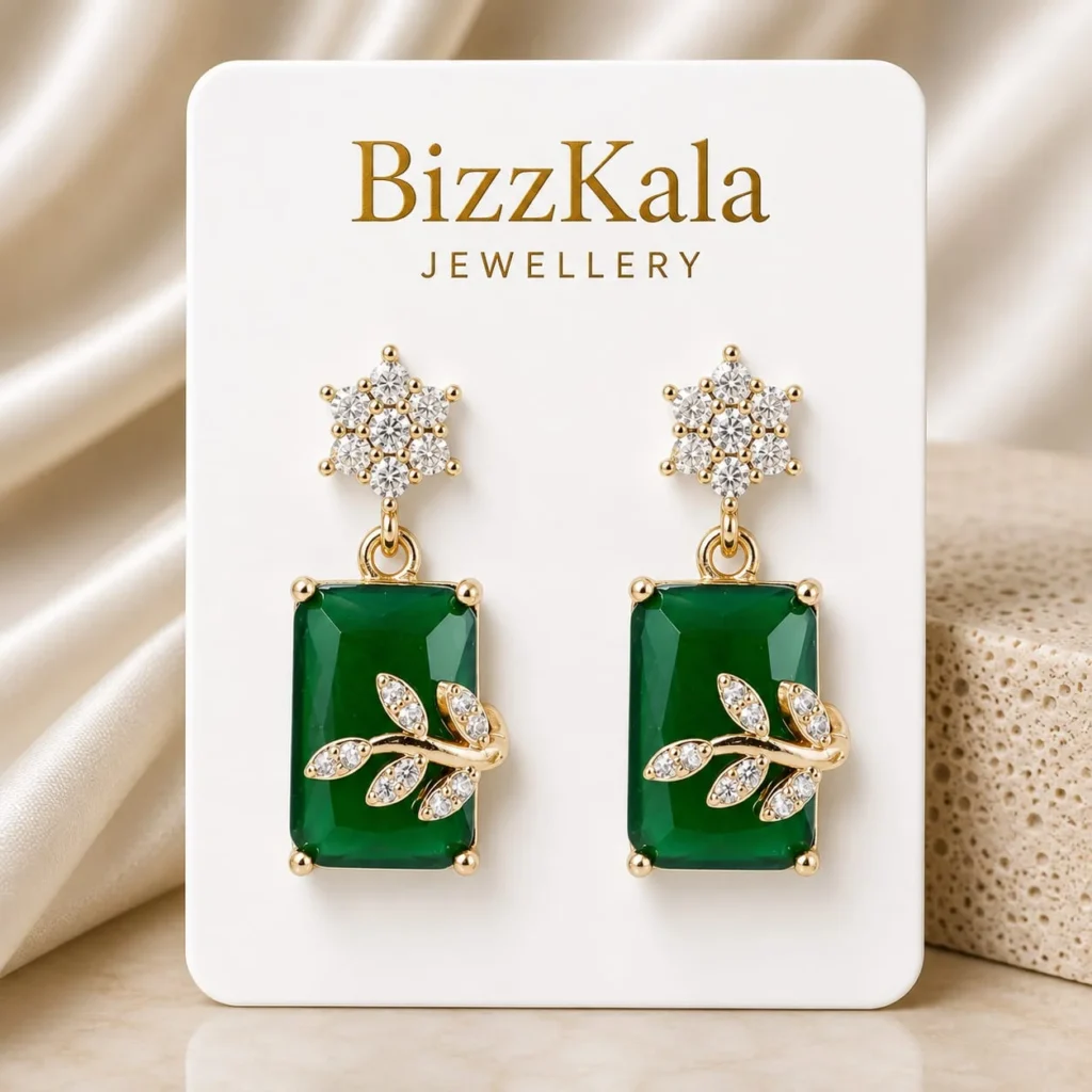 Gold-Tone Green Stone Crystal Leaf Jhumka for Women