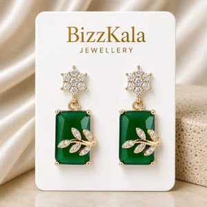 Gold-Tone Green Stone Crystal Leaf Jhumka for Women - Image 1