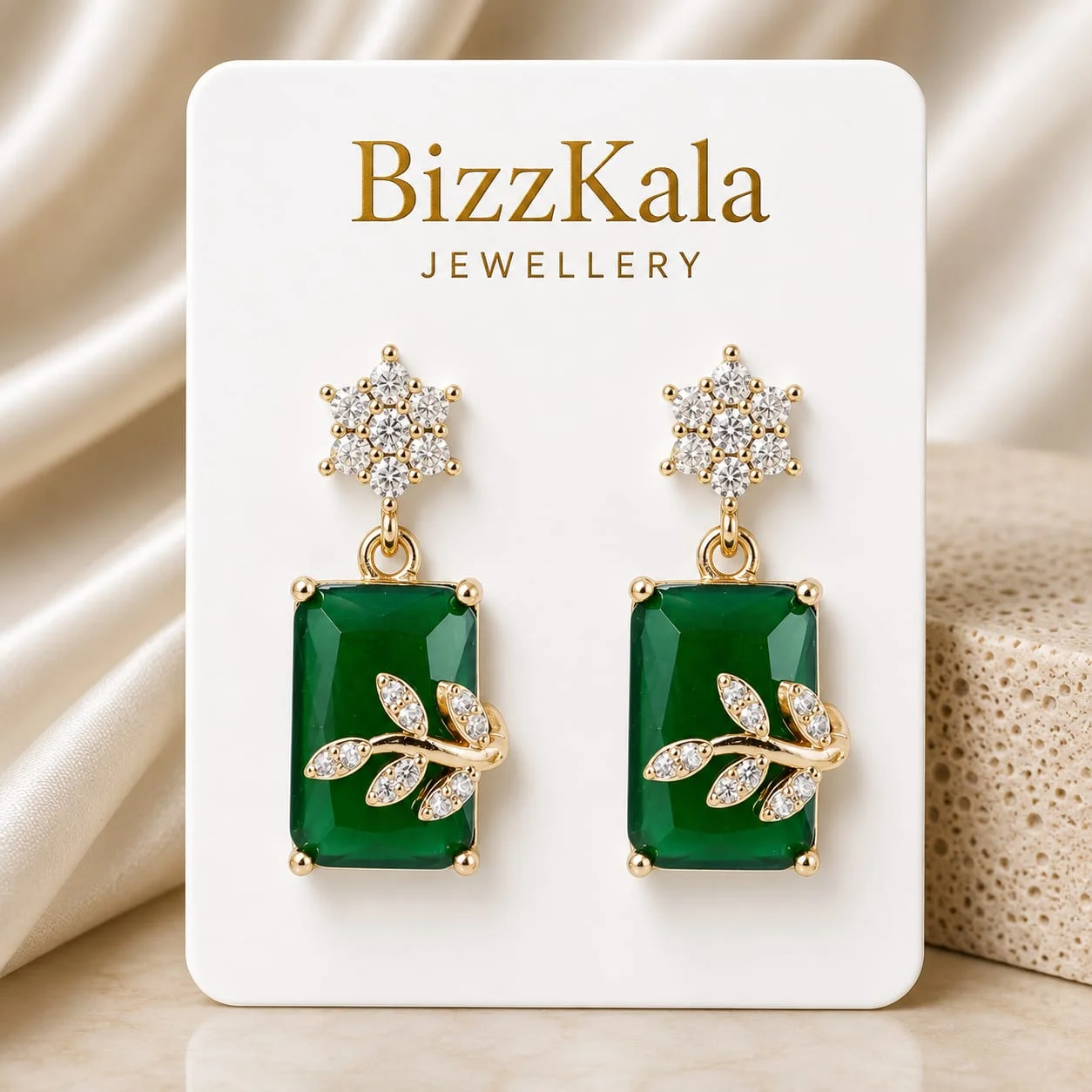 Gold-Tone Green Stone Crystal Leaf Jhumka for Women - Image 1
