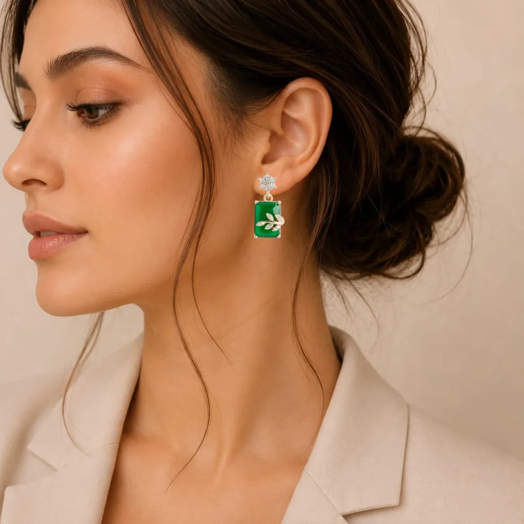 Gold-Tone Green Stone Crystal Leaf Jhumka for Women