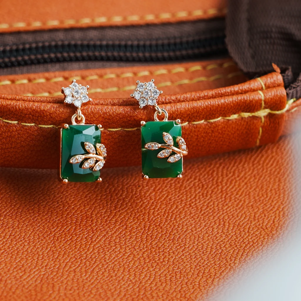 Gold-Tone Green Stone Crystal Leaf Jhumka for Women