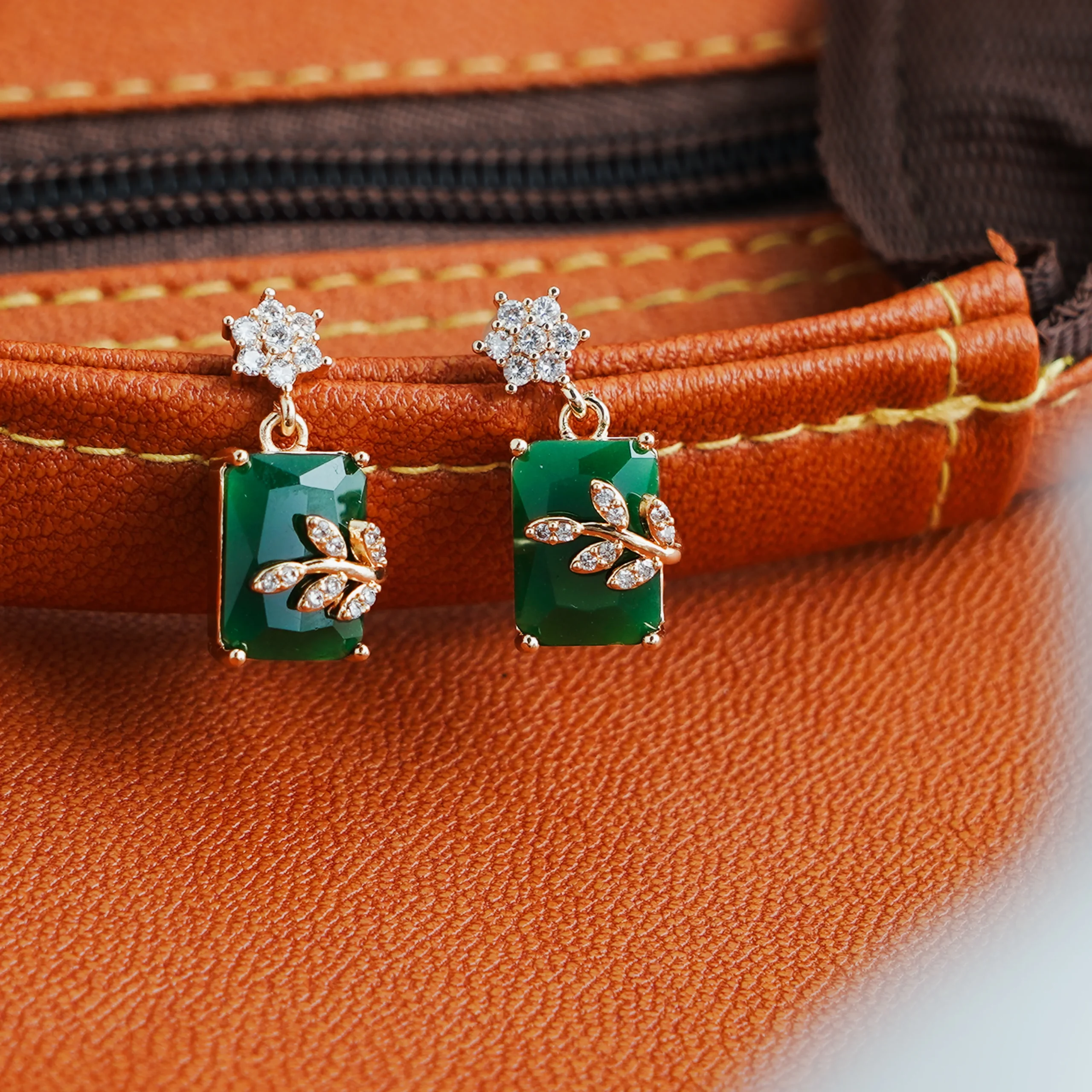 Gold-Tone Green Stone Crystal Leaf Jhumka for Women - Image 3