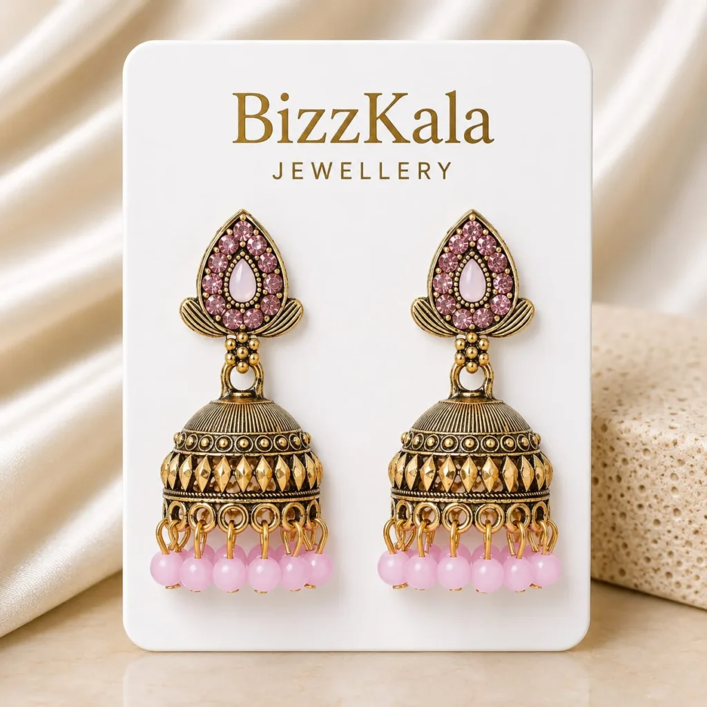 Gold-Tone Pink Stone Beaded Jhumka for Women