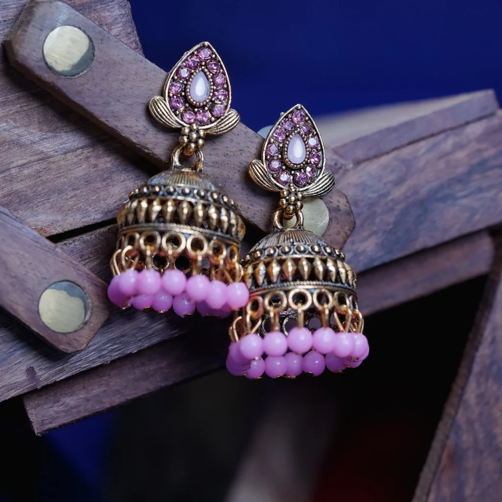 Gold-Tone Pink Stone Beaded Jhumka for Women