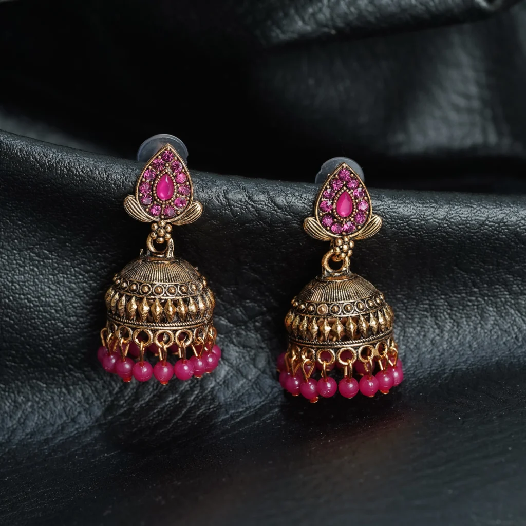 Gold-Tone Pink Stone Jhumka for Women