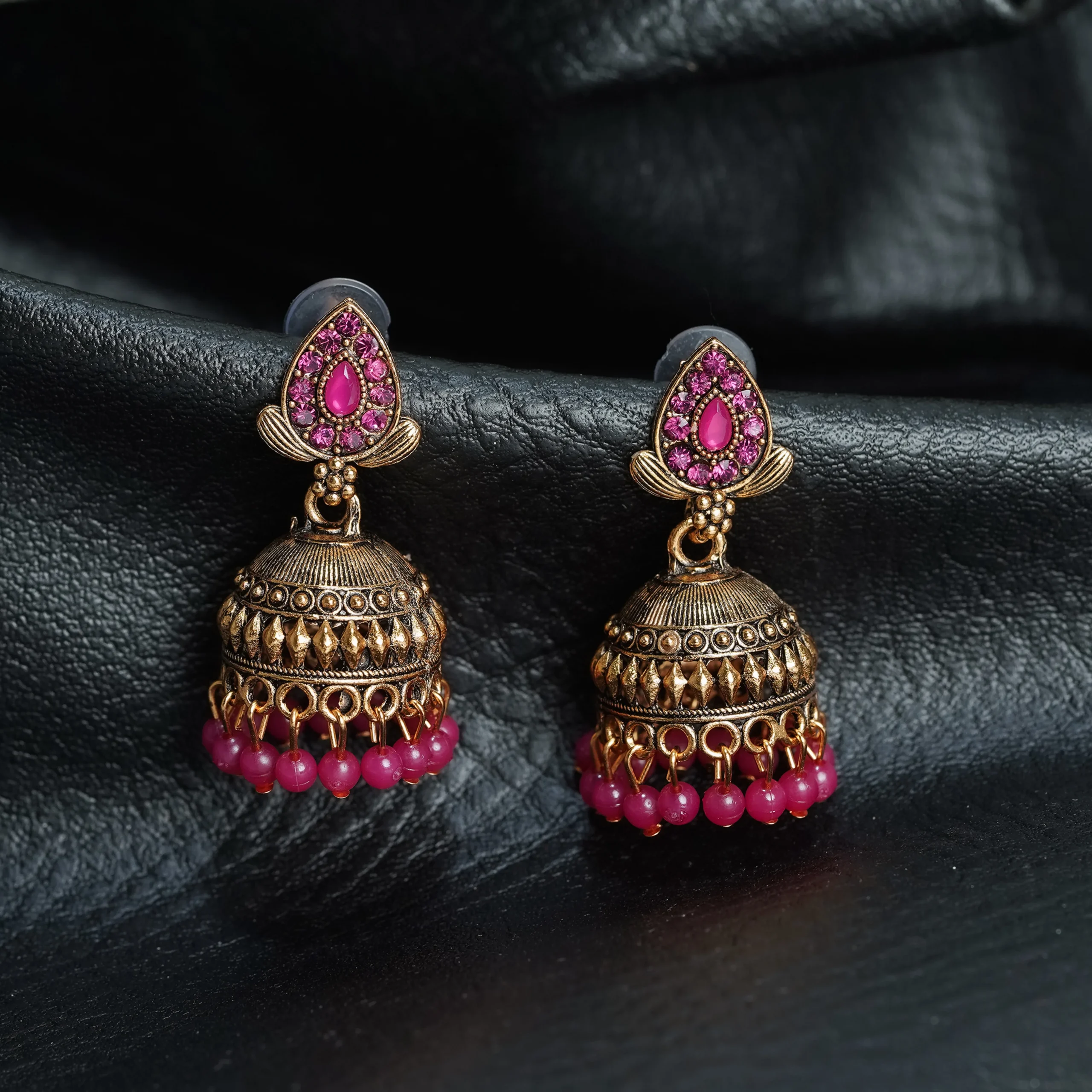 Gold-Tone Pink Stone Jhumka for Women - Image 3