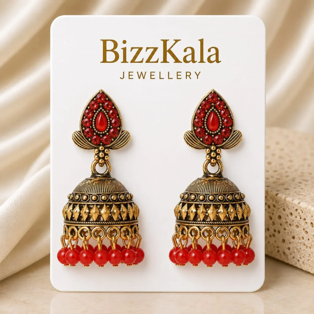 Gold-Tone Red Stone Beaded Jhumka for Women