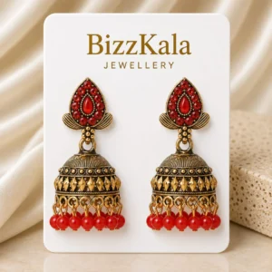 Gold-Tone Red Stone Beaded Jhumka for Women - Image 1