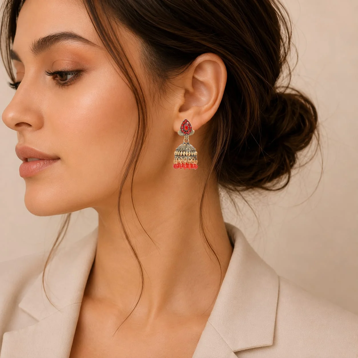 Gold-Tone Red Stone Beaded Jhumka for Women - Image 2