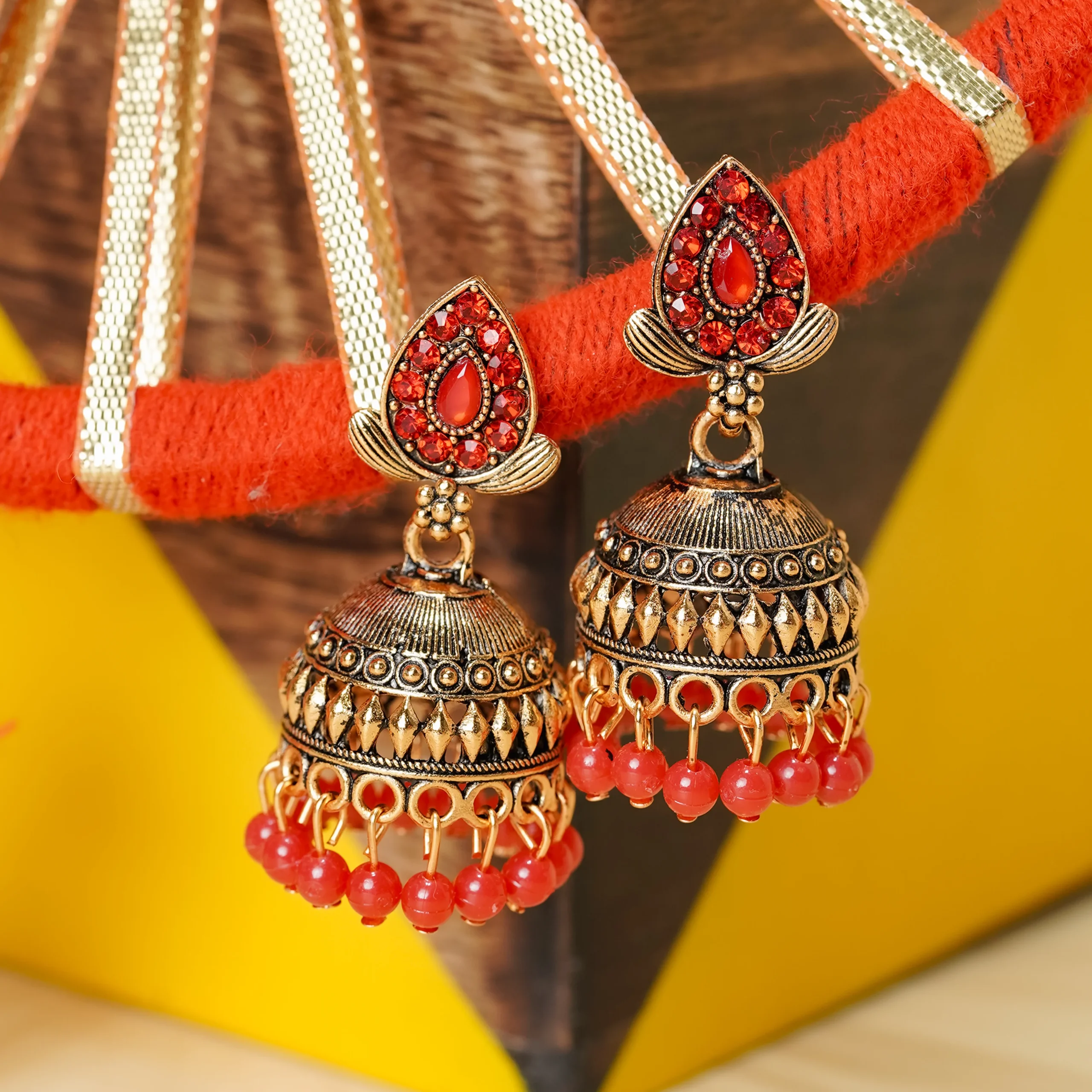 Gold-Tone Red Stone Beaded Jhumka for Women - Image 3