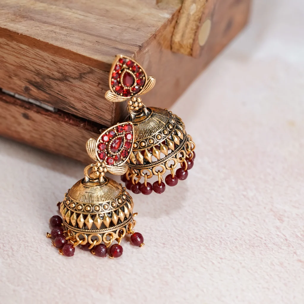 Gold-Tone Red Stone Jhumka for Women