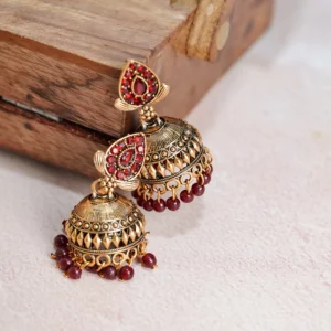 Gold-Tone Red Stone Jhumka for Women - Image 3