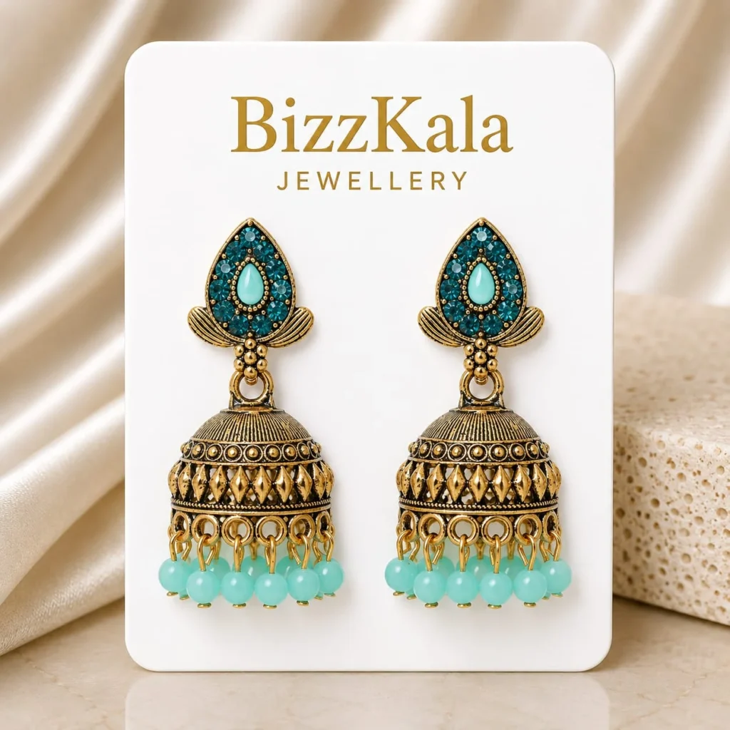 Gold-Tone Sky Blue Stone Jhumka for Women