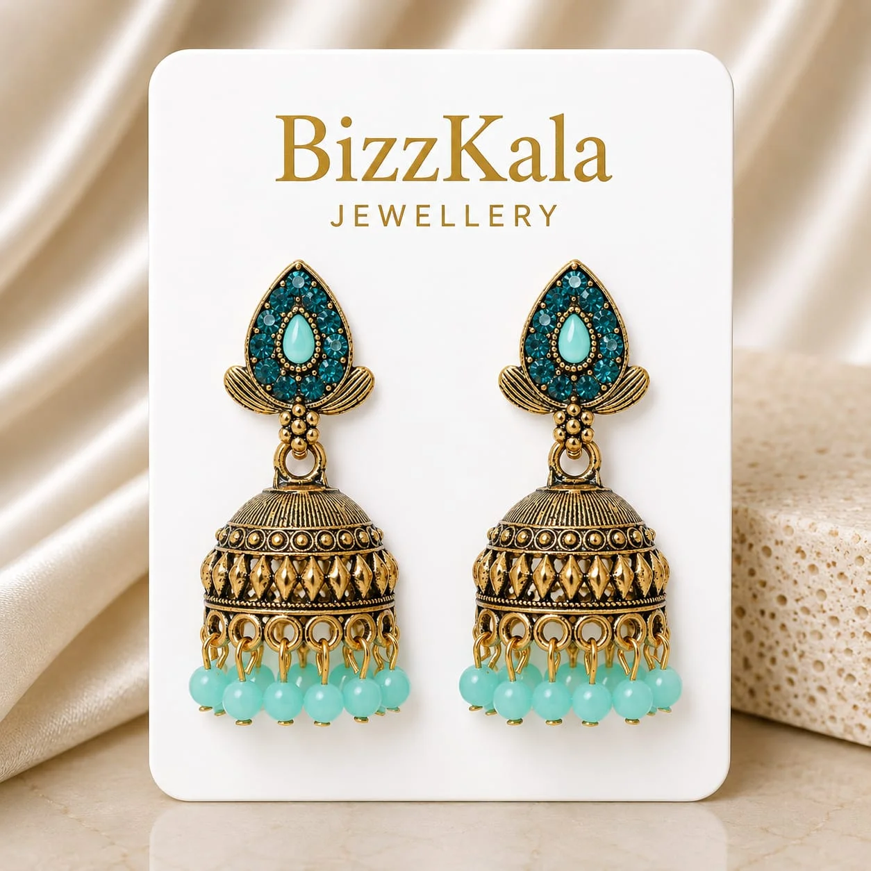Gold-Tone Sky Blue Stone Jhumka for Women - Image 1