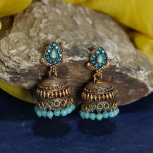 Gold-Tone Sky Blue Stone Jhumka for Women - Image 3