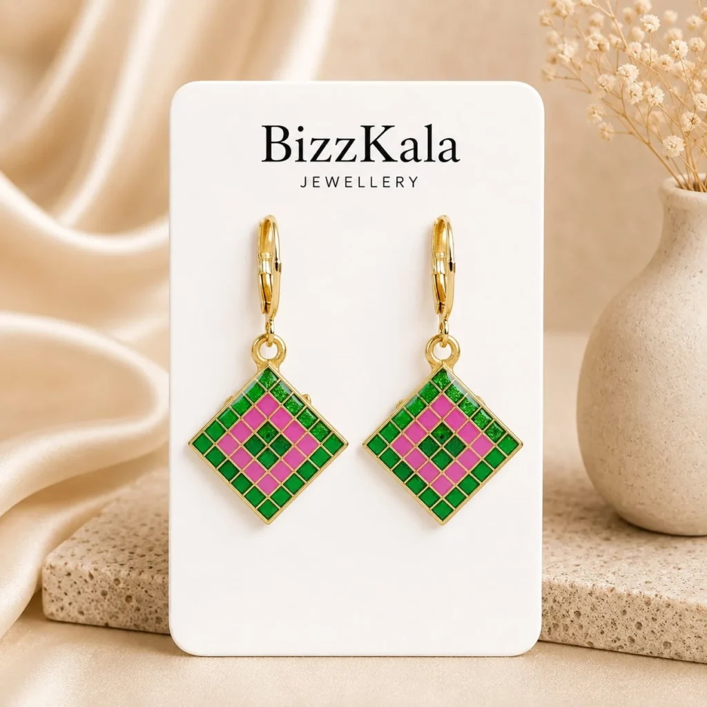 Green Pink Checkered Jhumka for Women