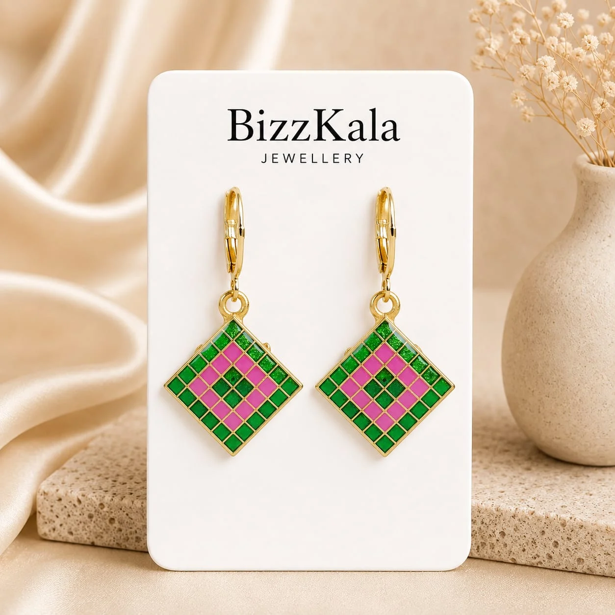 Green Pink Checkered Jhumka for Women - Image 1