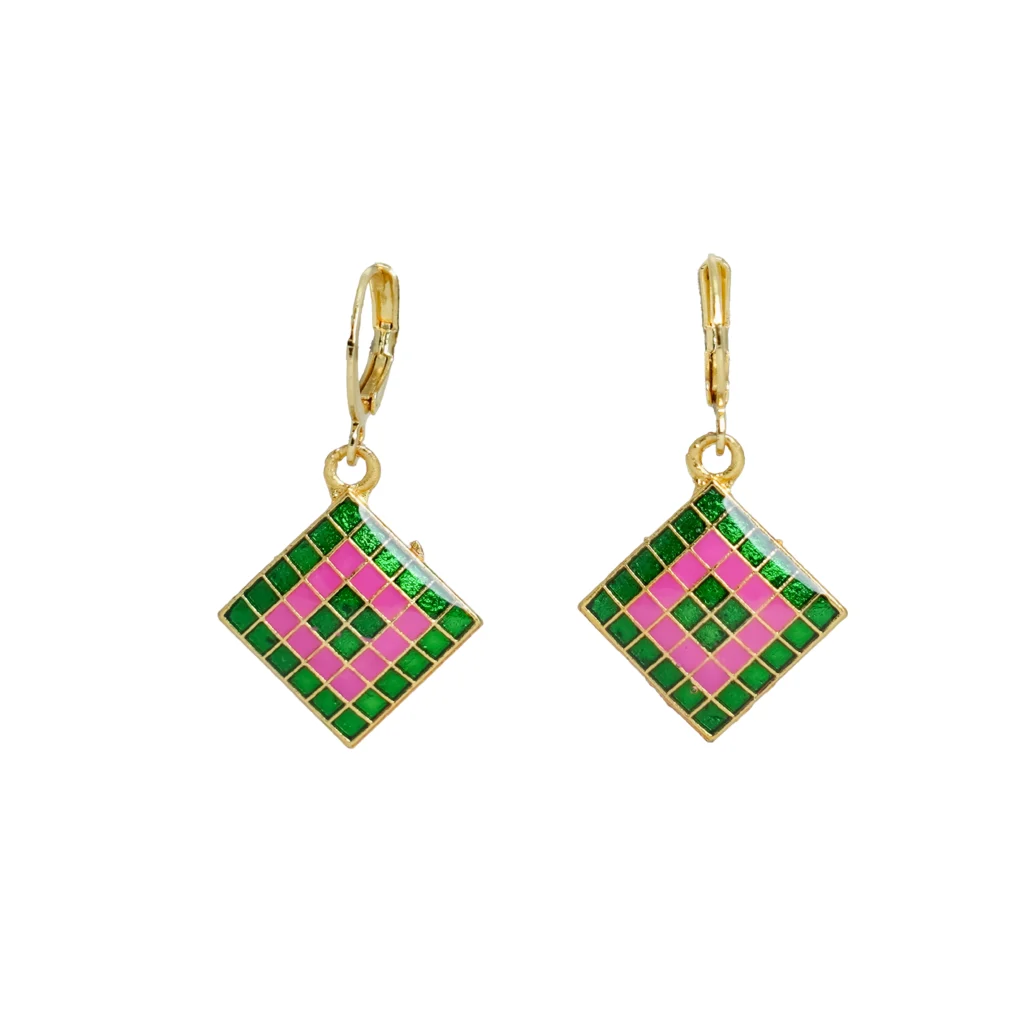 Green Pink Checkered Jhumka for Women