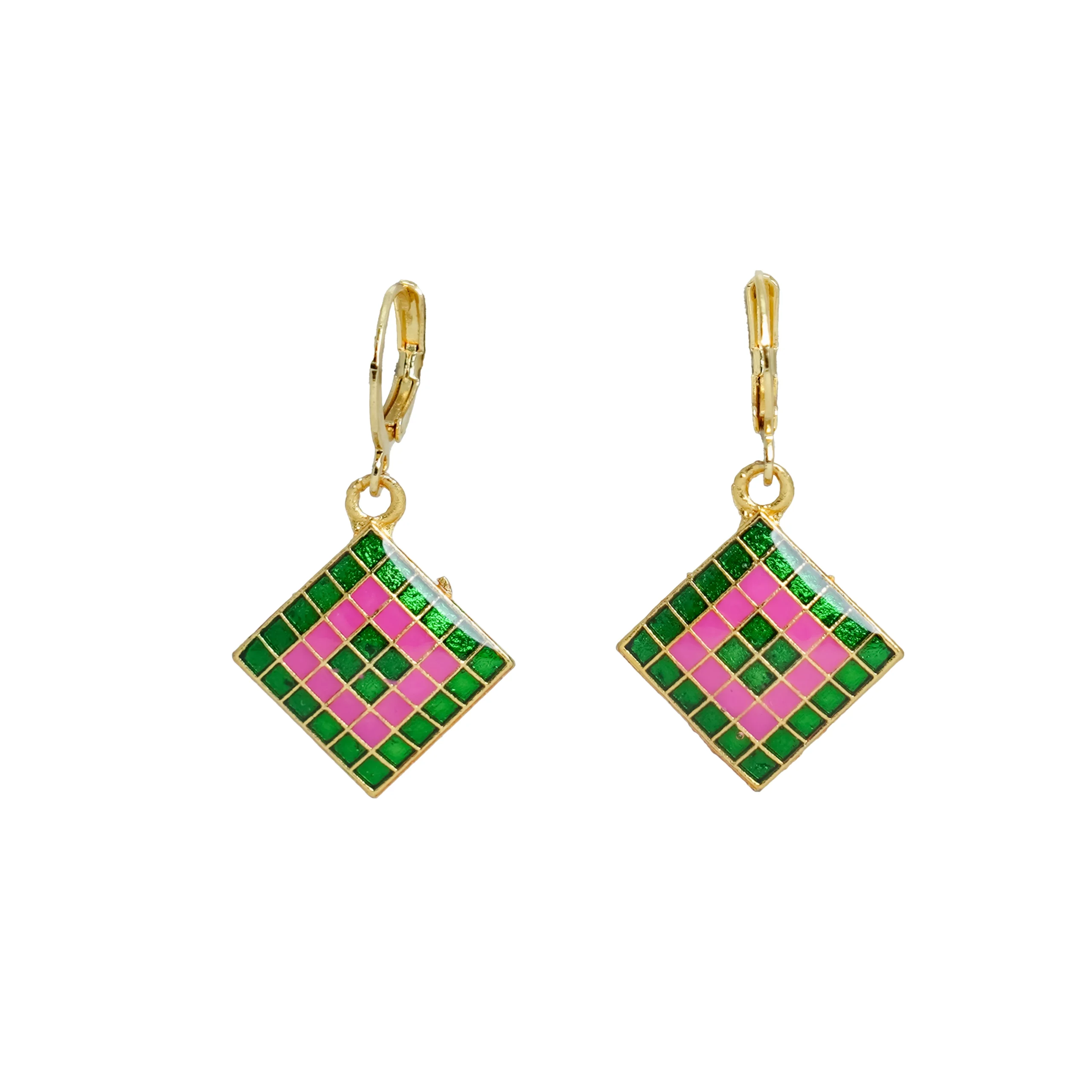 Green Pink Checkered Jhumka for Women - Image 3