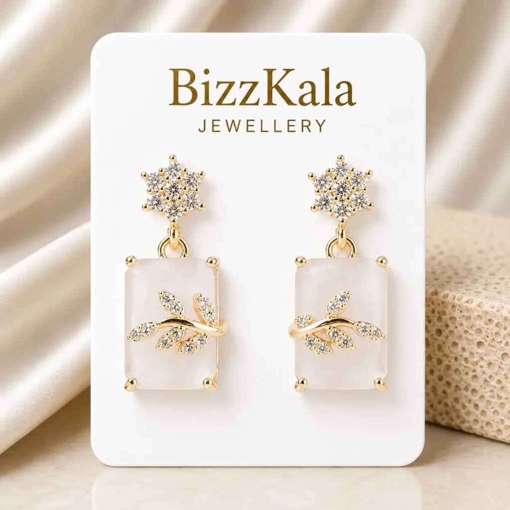 Milky White Crystal Leaf Jhumka for Women