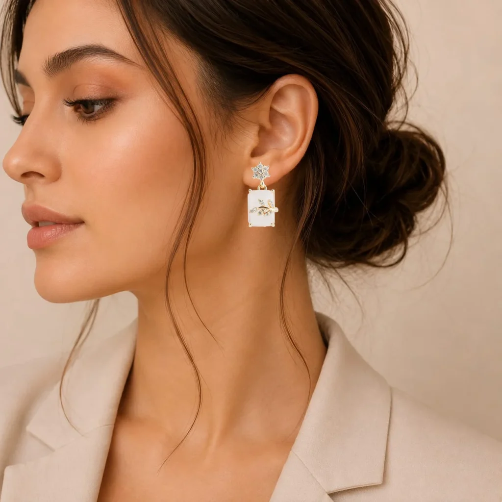 Milky White Crystal Leaf Jhumka for Women