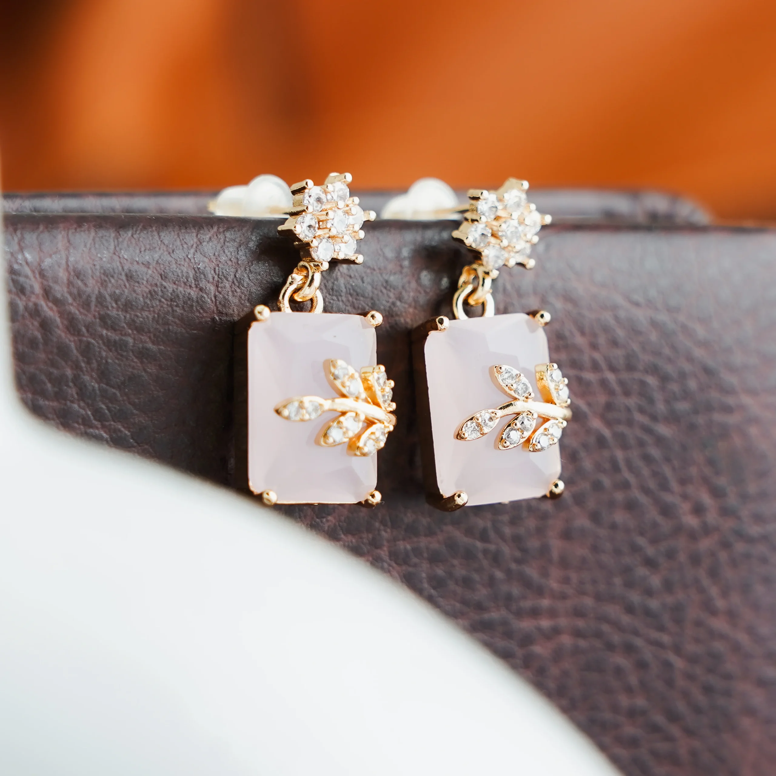 Milky White Crystal Leaf Jhumka for Women - Image 3