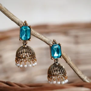 Ocean Blue Stone Pearl Jhumka for Women - Image 3