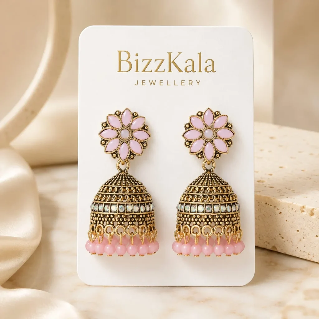 Pink Floral Beaded Jhumka for Women