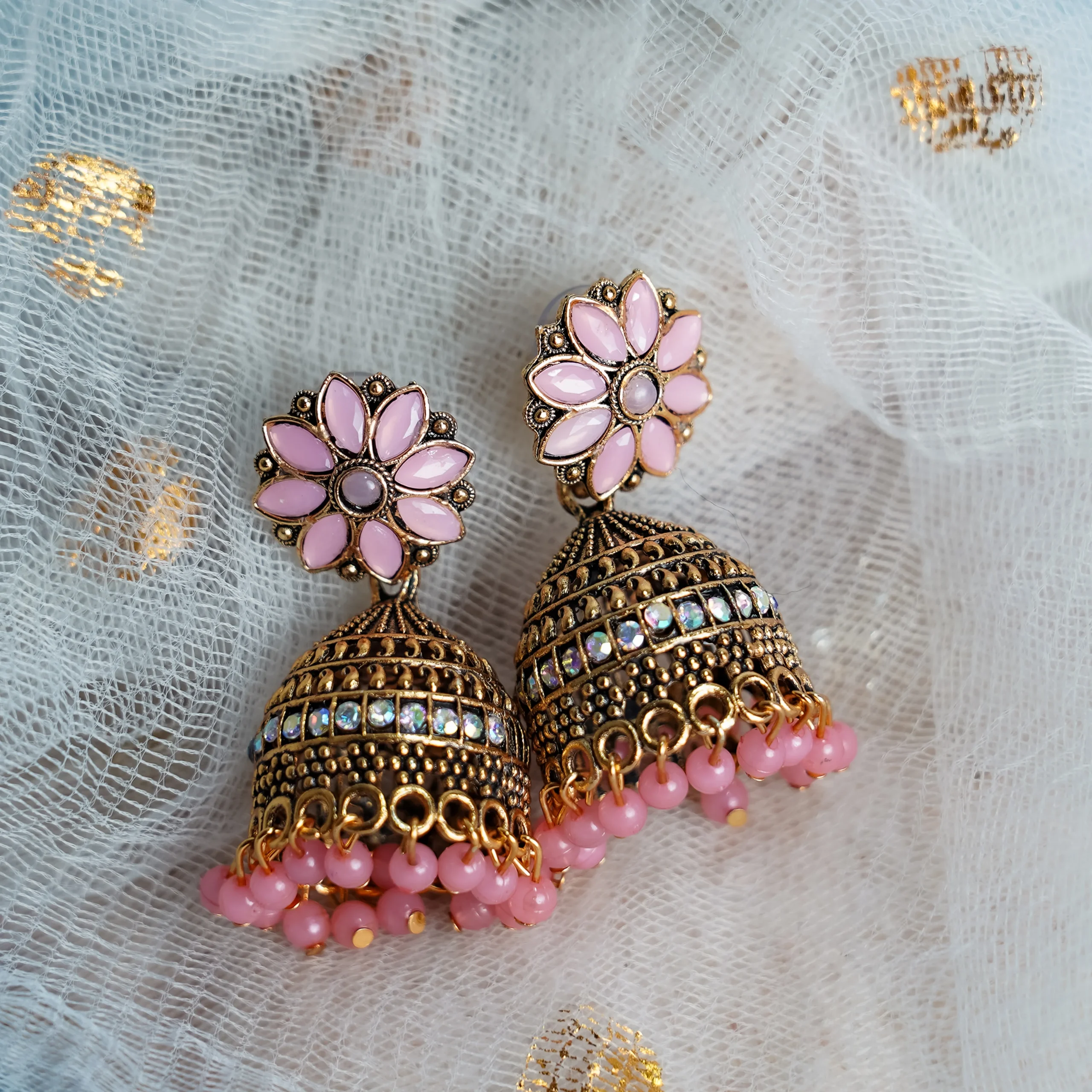 Pink Floral Beaded Jhumka for Women - Image 3