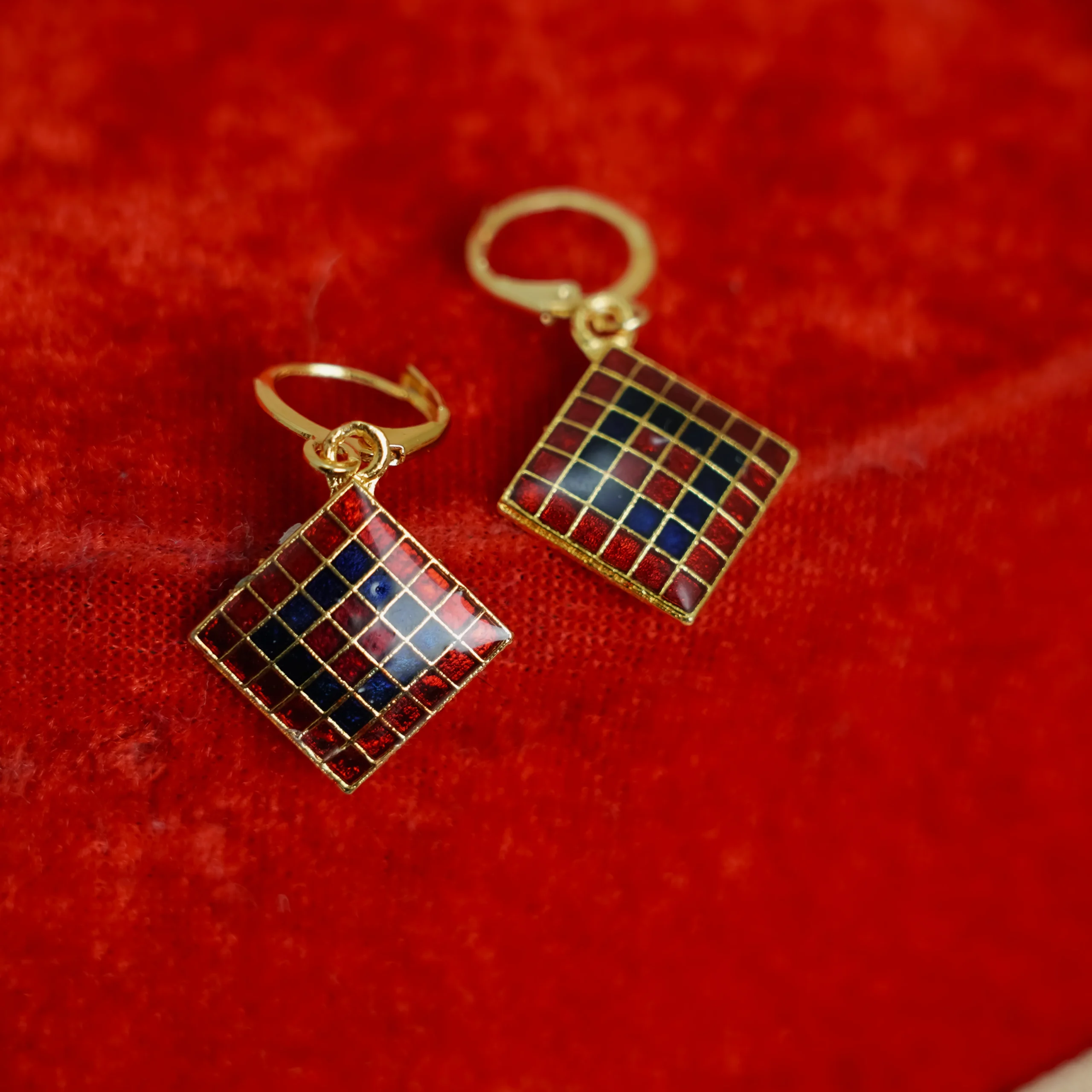 Red Blue Checkered Jhumka for Women - Image 3