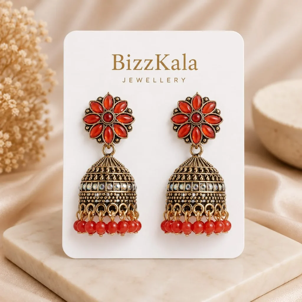 Red Floral Beaded Jhumka for Women
