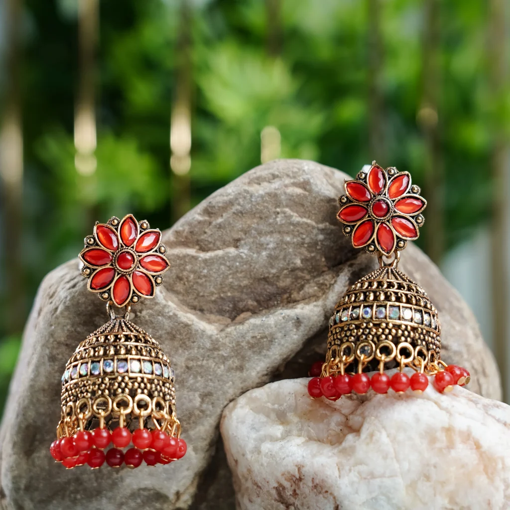 Red Floral Beaded Jhumka for Women