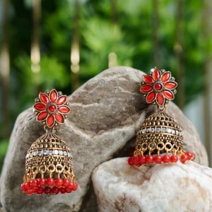 Red Floral Beaded Jhumka for Women - Image 3