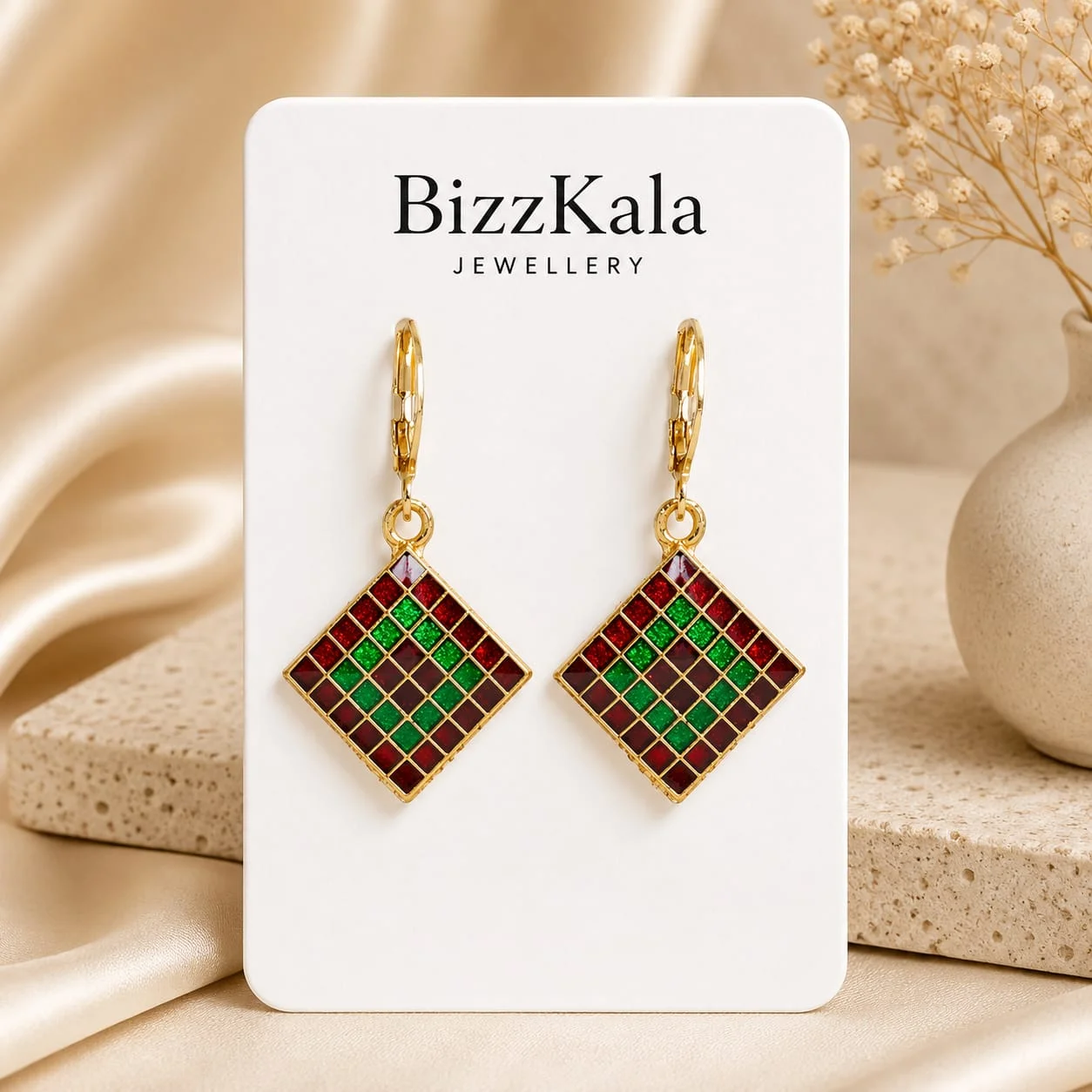 Red Green Checkered Jhumka for Women - Image 1