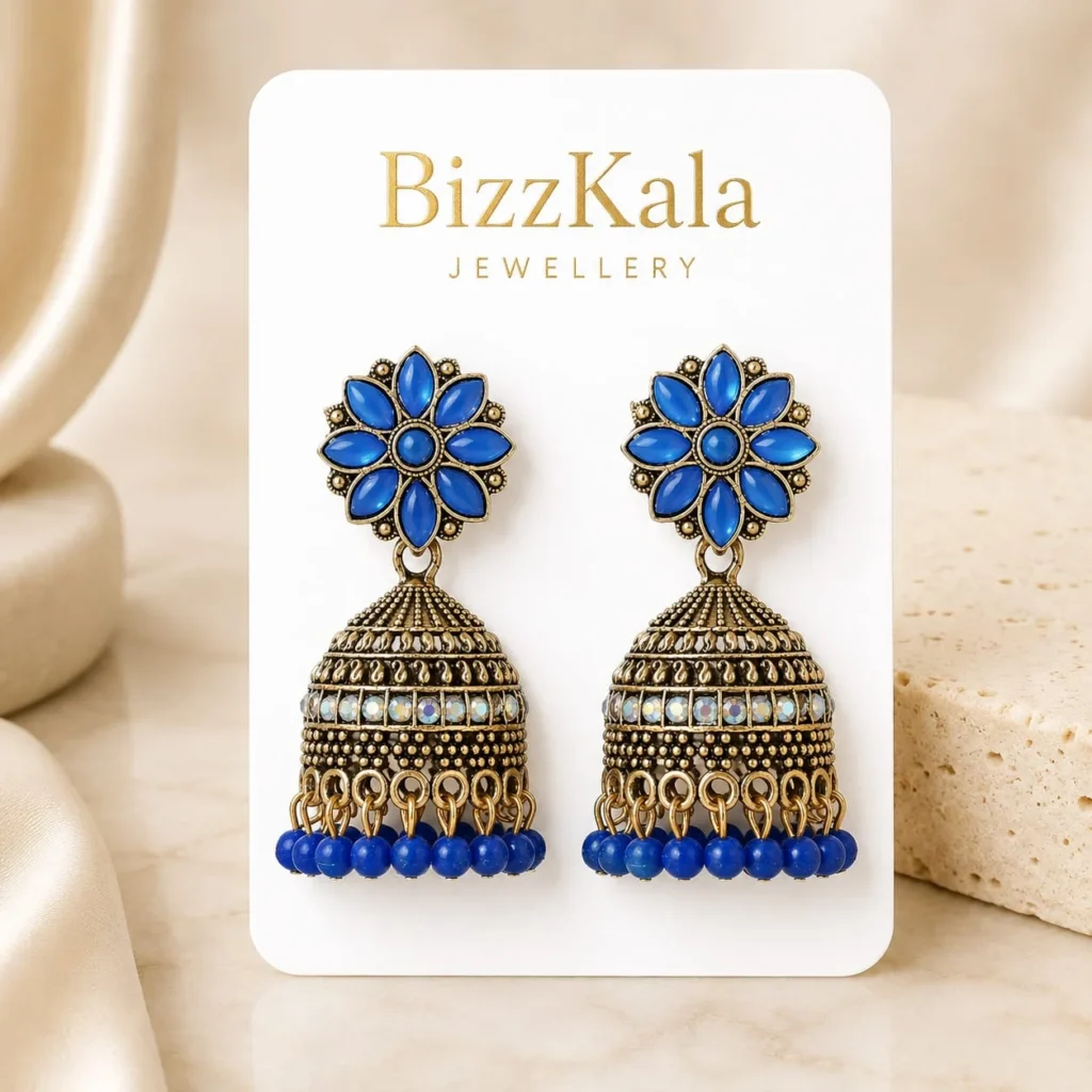 Royal Blue Floral Beaded Jhumka for Women