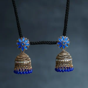 Royal Blue Floral Beaded Jhumka for Women - Image 3