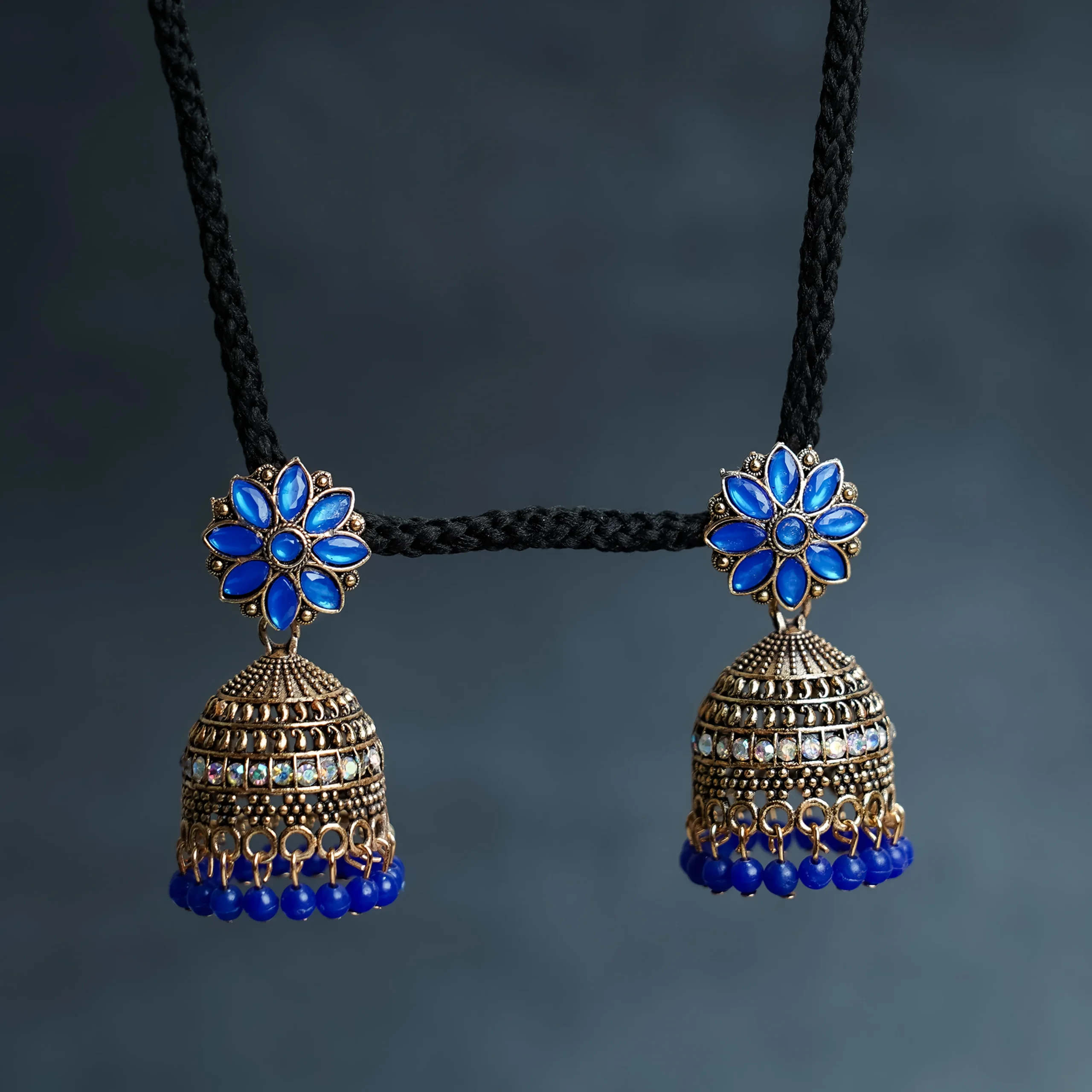 Royal Blue Floral Beaded Jhumka for Women - Image 3