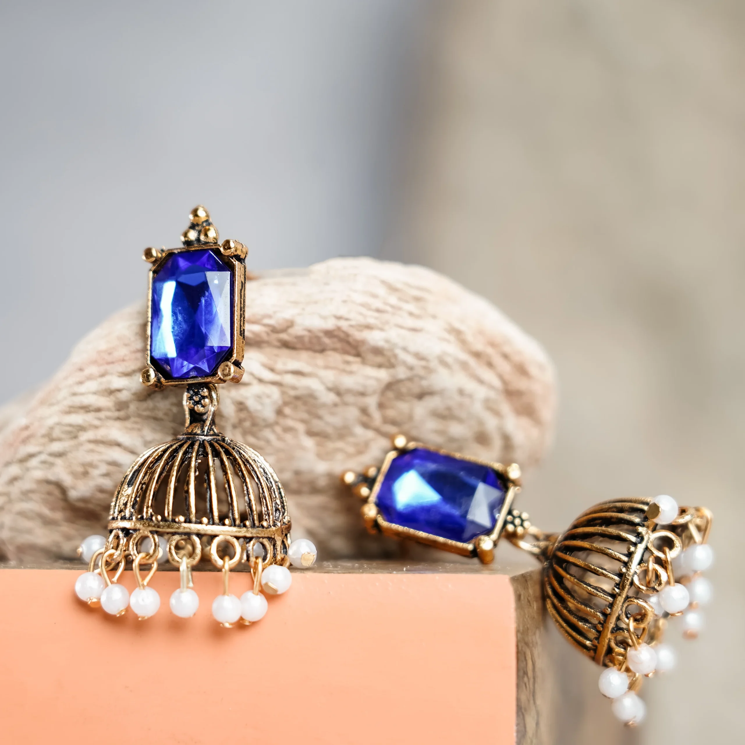 Royal Blue Stone Pearl Jhumka for Women - Image 3