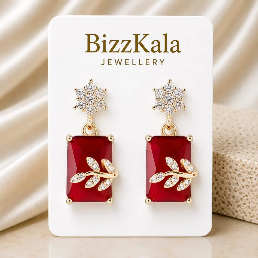 Ruby Red Crystal Leaf Jhumka for Women