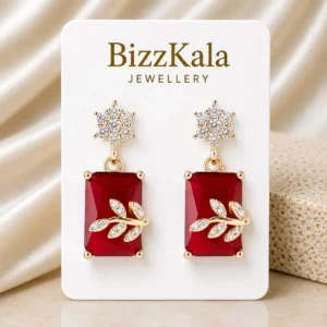 Ruby Red Crystal Leaf Jhumka for Women - Image 1