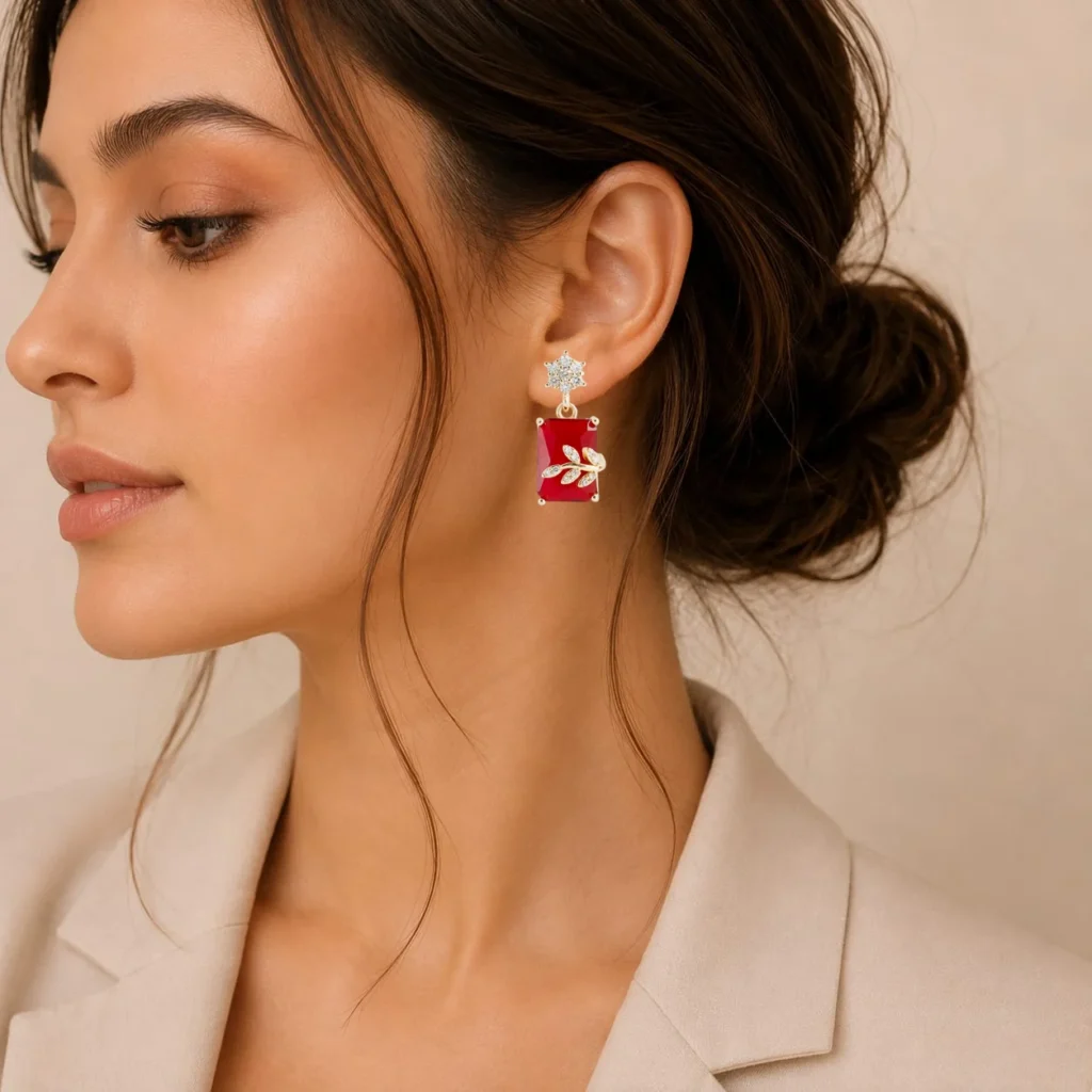 Ruby Red Crystal Leaf Jhumka for Women