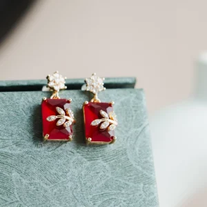 Ruby Red Crystal Leaf Jhumka for Women - Image 3