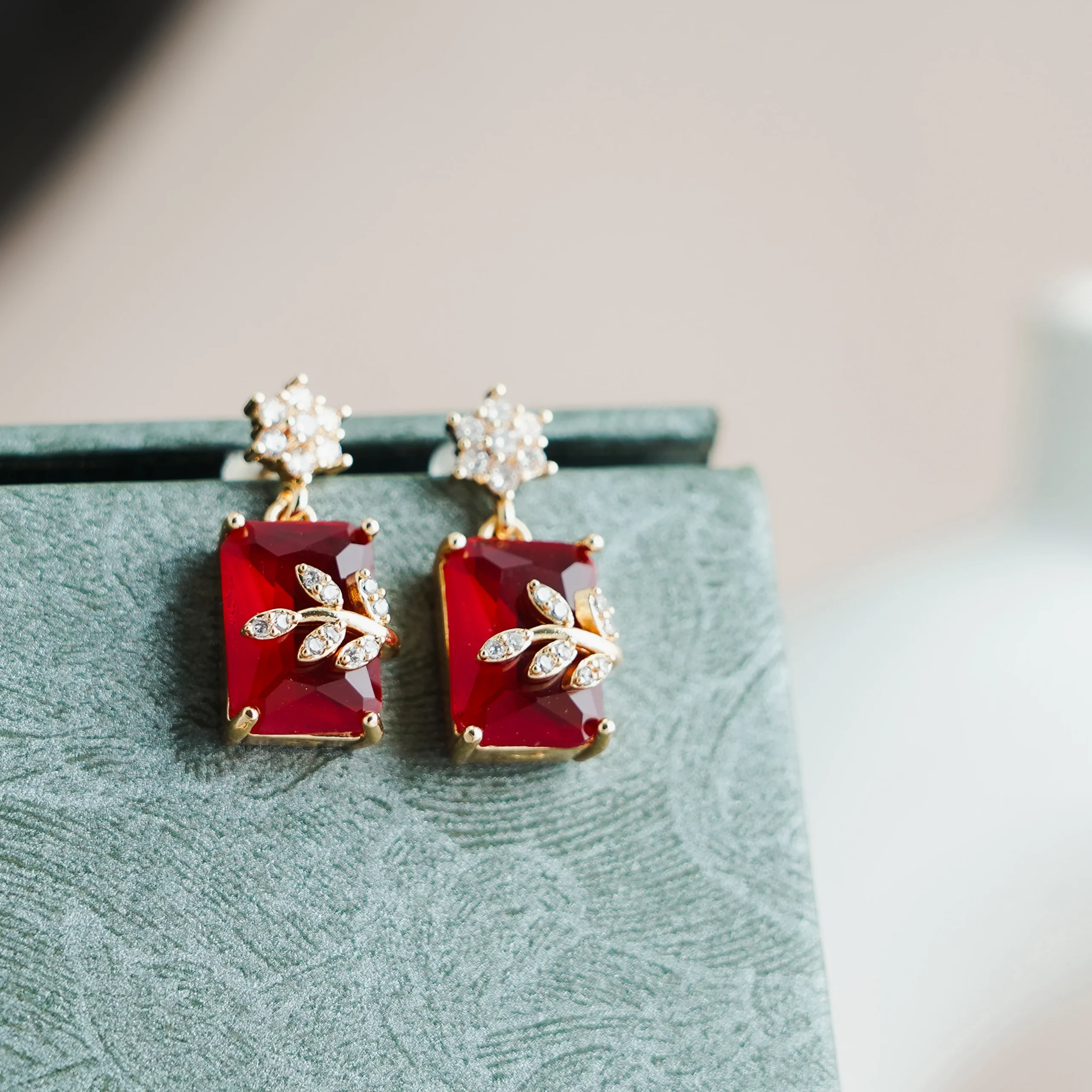 Ruby Red Crystal Leaf Jhumka for Women - Image 3