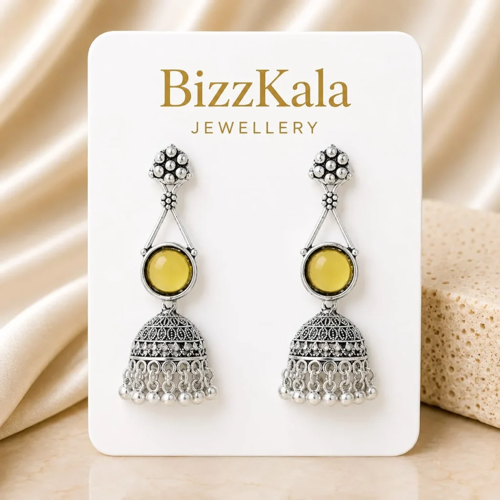 Silver-Tone Amber Stone Jhumka Earrings for Women