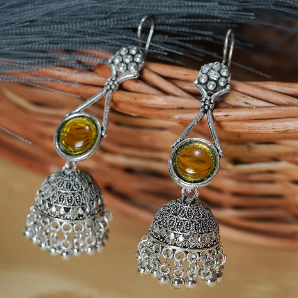 Silver-Tone Amber Stone Jhumka Earrings for Women
