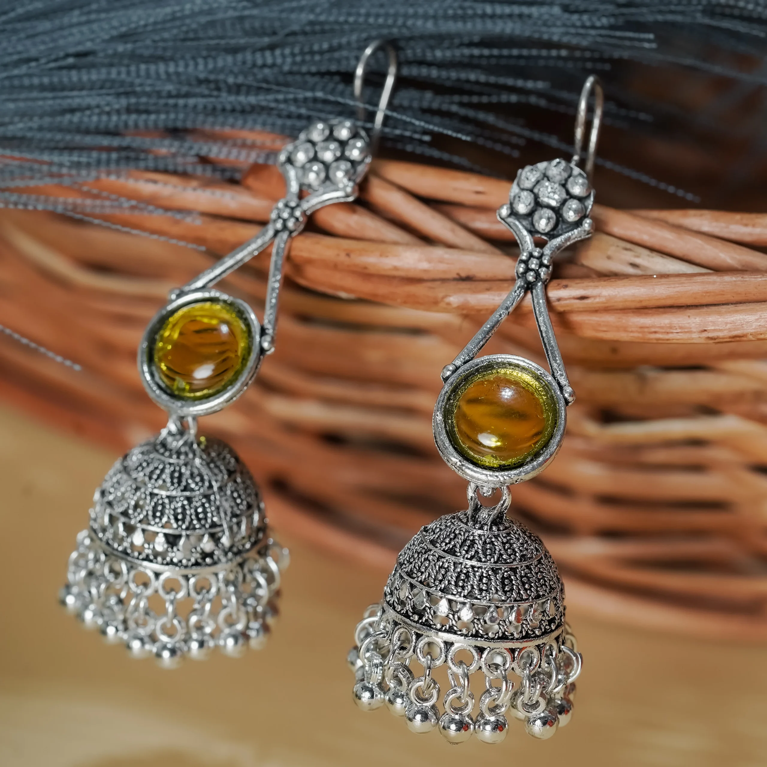 Silver-Tone Amber Stone Jhumka Earrings for Women - Image 3