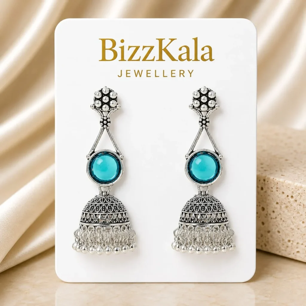 Silver-Tone Blue Stone Jhumka Earrings for Women