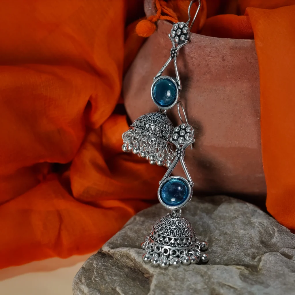Silver-Tone Blue Stone Jhumka Earrings for Women