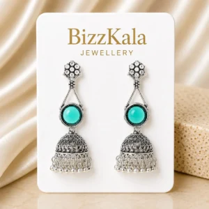 Silver-Tone Emerald Green Stone Jhumka Earrings for Women - Image 1